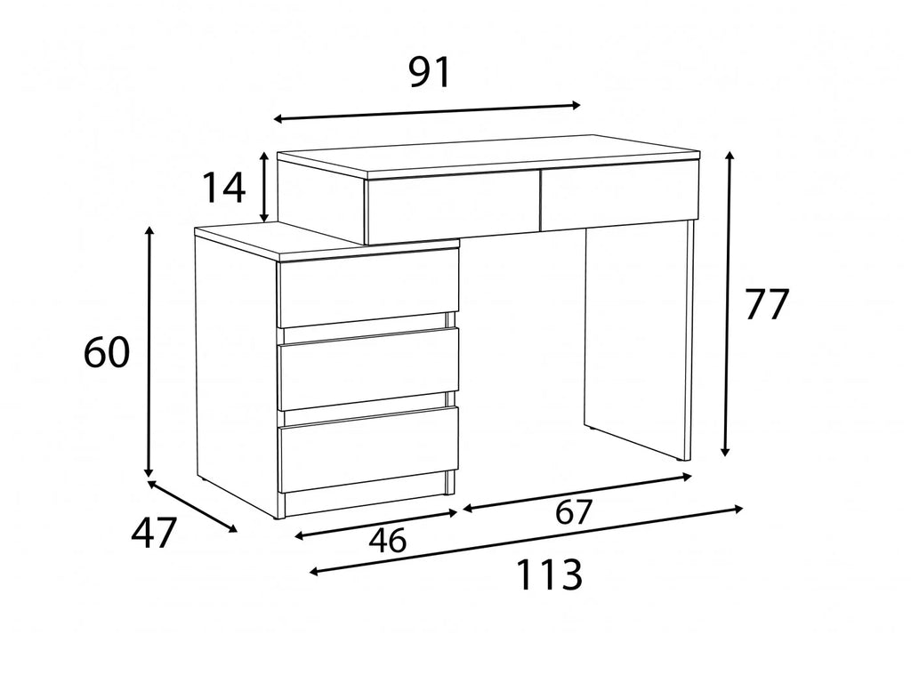 Birou compact Gamma T1 cu 5 sertare, 90x47x78 cm, montaj stanga/dreapta