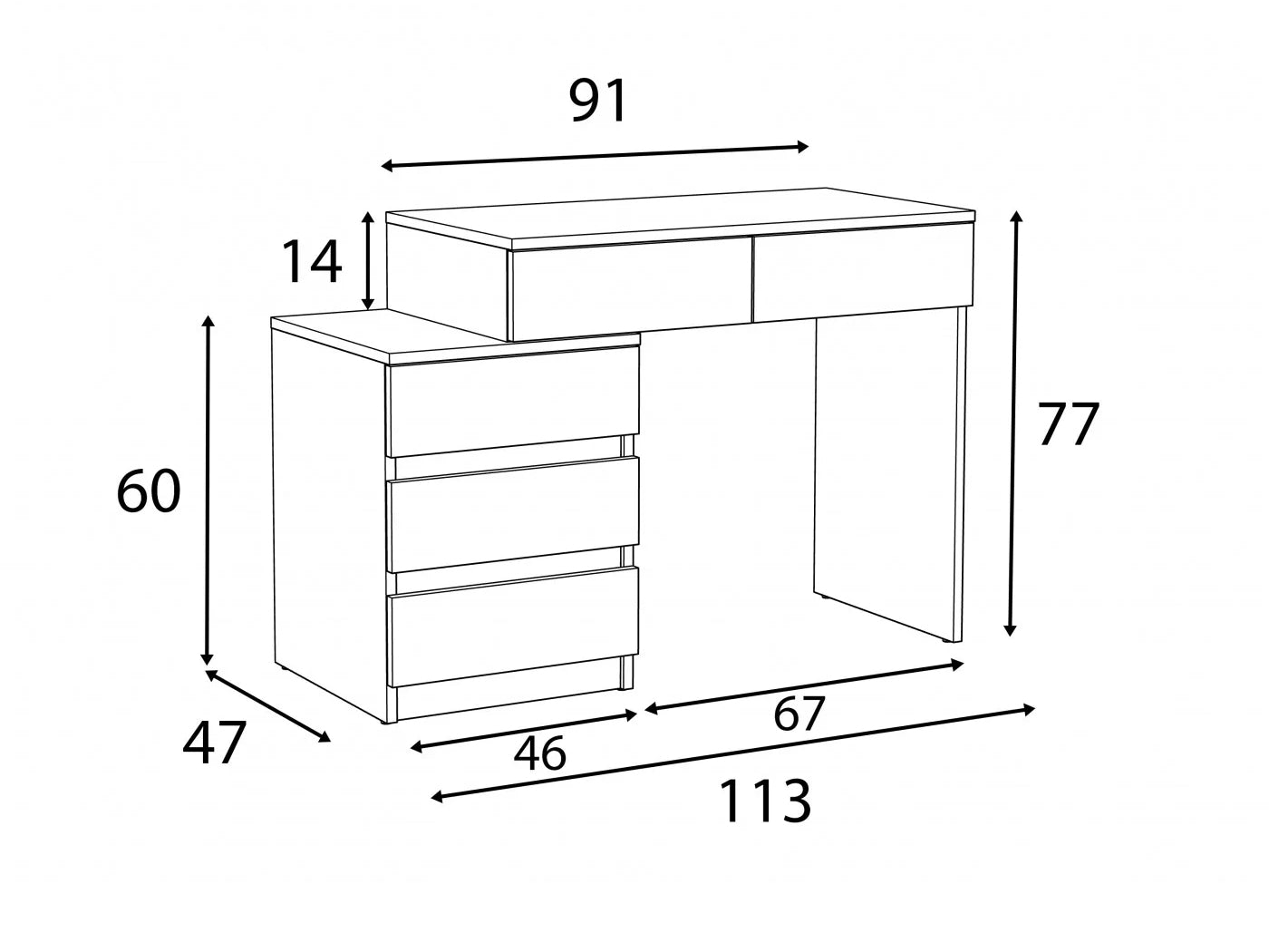 Birou compact Gamma T1 cu 5 sertare, 90x47x78 cm, montaj stanga/dreapta