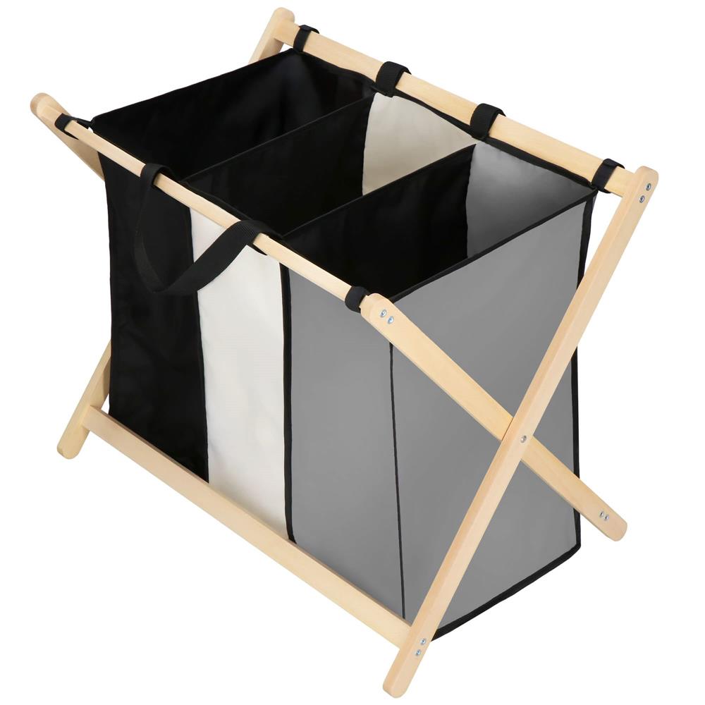 Cos de rufe cu 3 compartimente, cadru din lemn, 67x42x57 cm, 105 litri