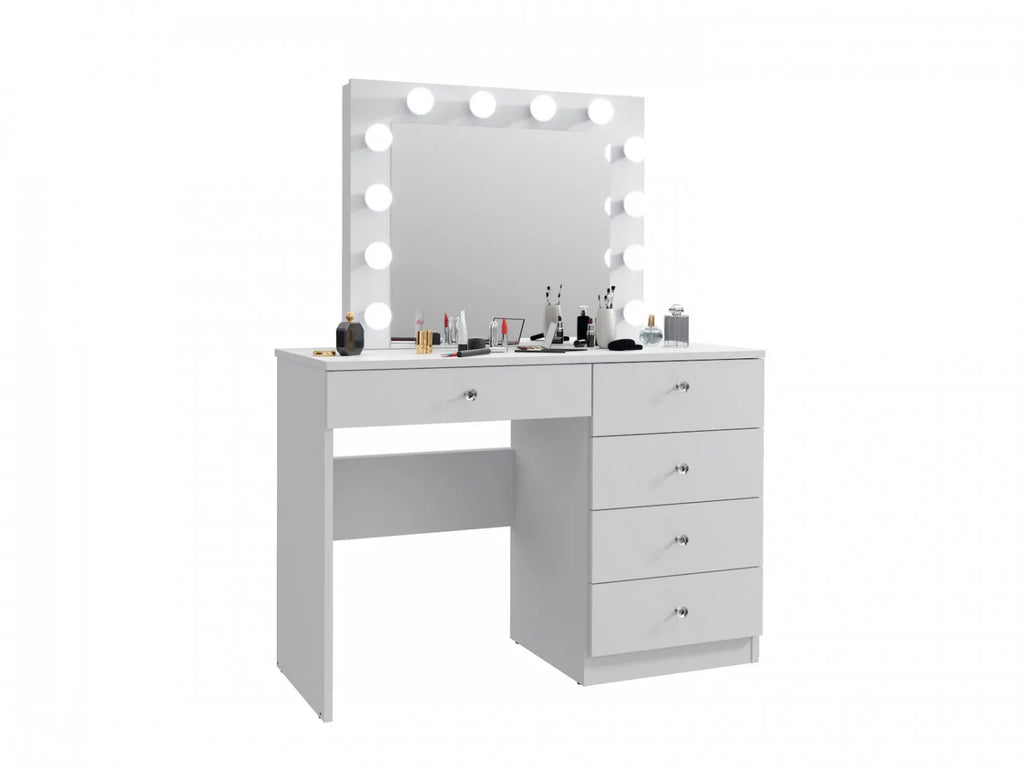 Masa de toaleta si machiaj Cristal 12 LED cu oglinda si 5 sertare, 110x47x77 cm, alb