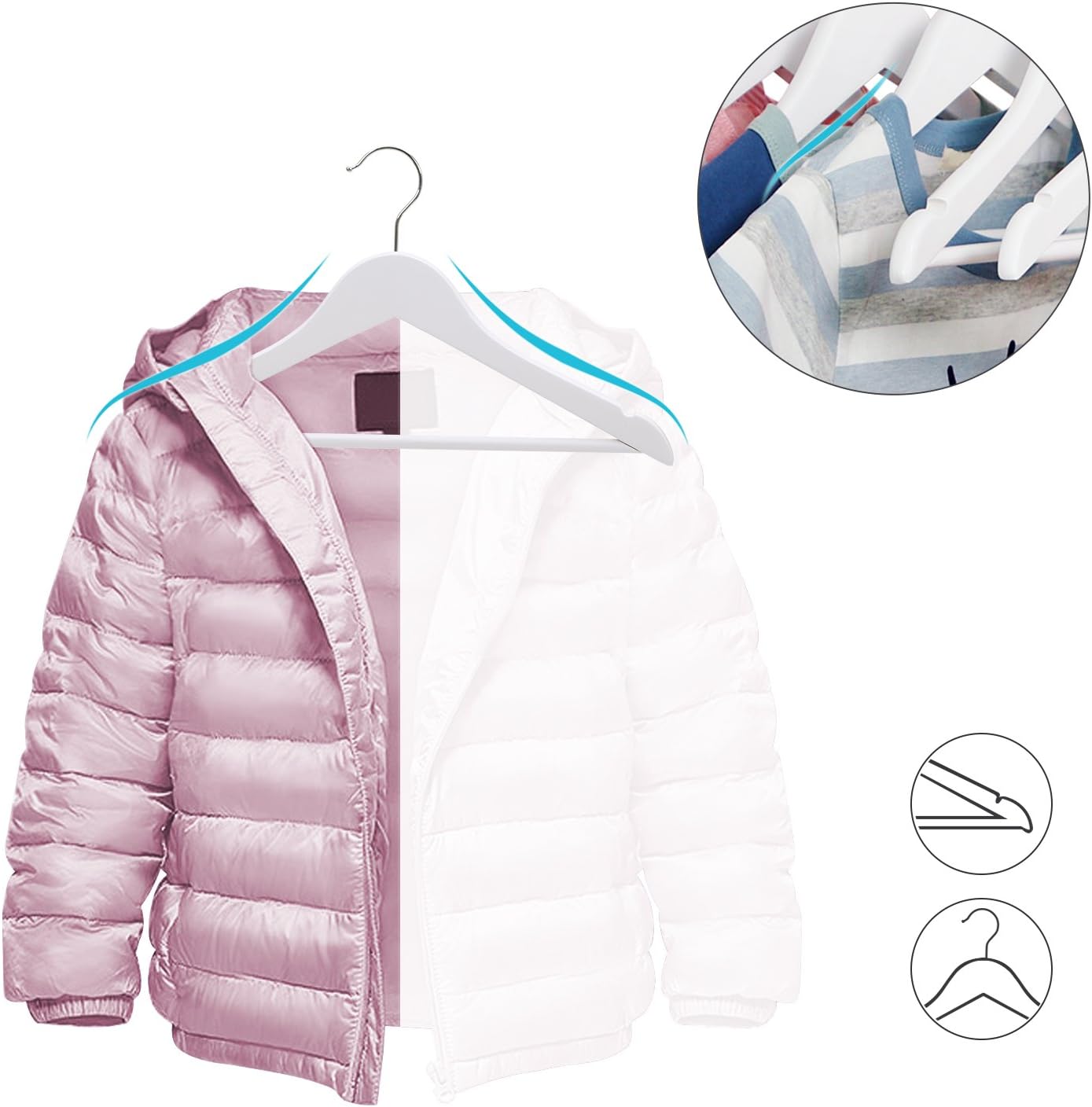 SONGMICS Umerase copii 35x20 cm, set 20 buc, lemn masiv cu bara pentru pantaloni si carlig rotativ, alb