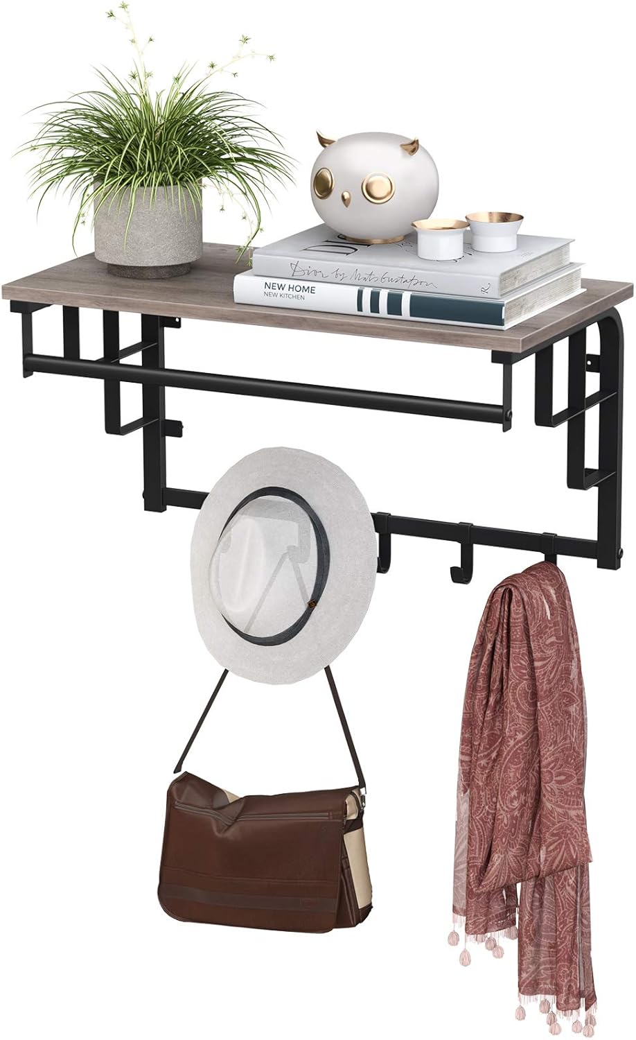 VASAGLE Cuier perete cu polita, bara si 5 carlige, 66x27x30 cm, gri