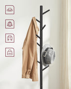 VASAGLE Cuier lemn masiv 47x47x175 cm, 8 carlige si inaltime reglabila, baza triunghiulara, negru