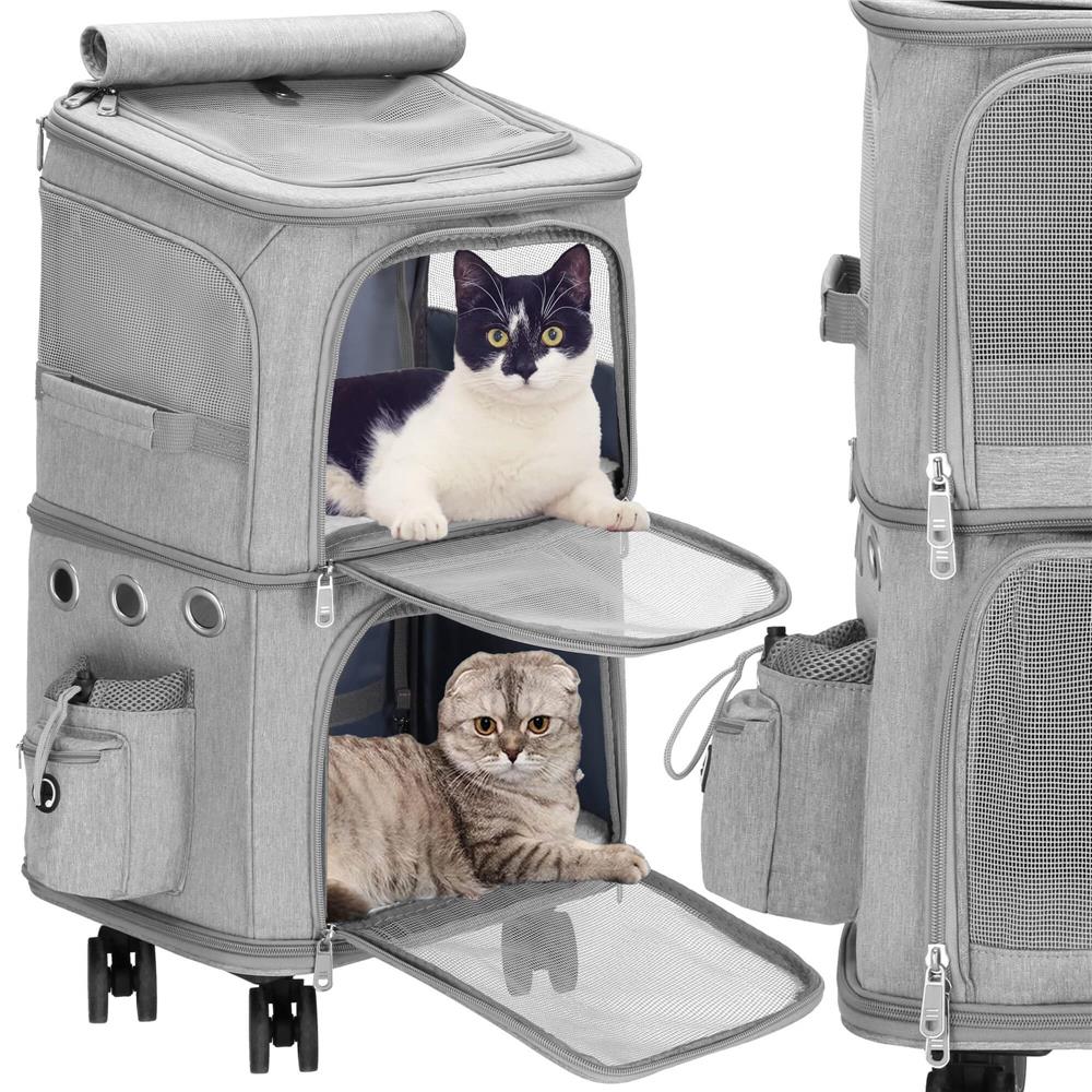 Carucior tip troller pentru transport animale, dublu cu 2 compartimente separate, maxim 22 kg, 55x34x26 cm, gri