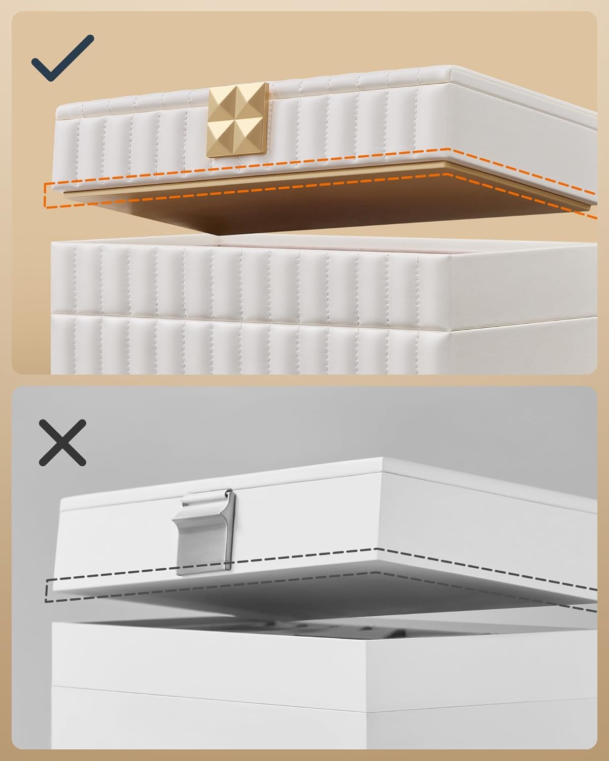 SONGMICS Cutie bijuterii 17x28x21 cm, 4 niveluri, oglinda, captuseala catifea, piele PU alba