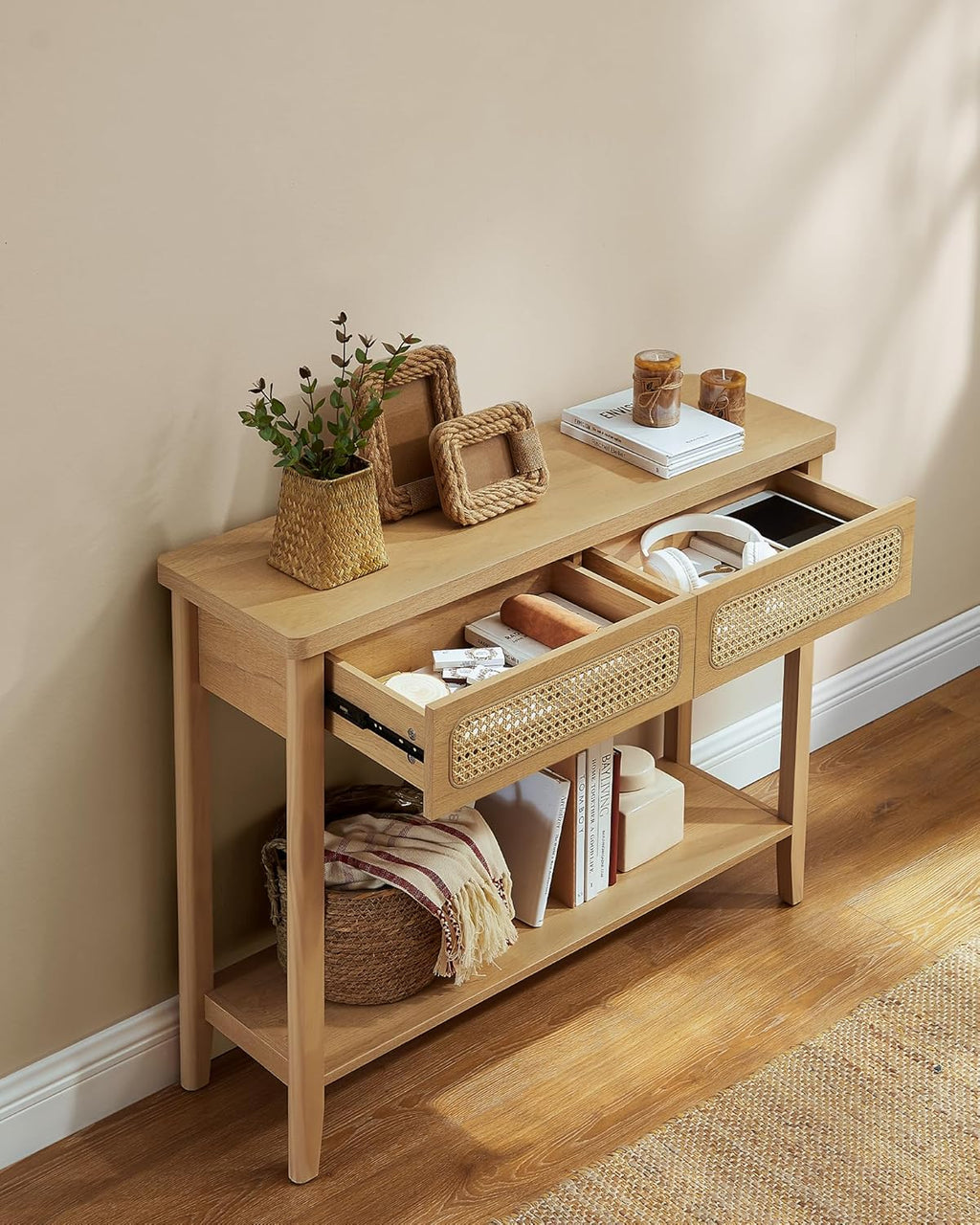 VASAGLE Consola hol 100x30x80 cm, 2 sertare, raft deschis, colturi rotunjite, stil boho, MDF si ratan PVC, bej stejar