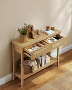 VASAGLE Consola hol 100x30x80 cm, 2 sertare, raft deschis, colturi rotunjite, stil boho, MDF si ratan PVC, bej stejar