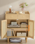 SONGMICS Dulap 70x40x90 cm, cu 2 sertare, raft reglabil si usi duble, MDF si lemn masiv, stil boho, stejar bej