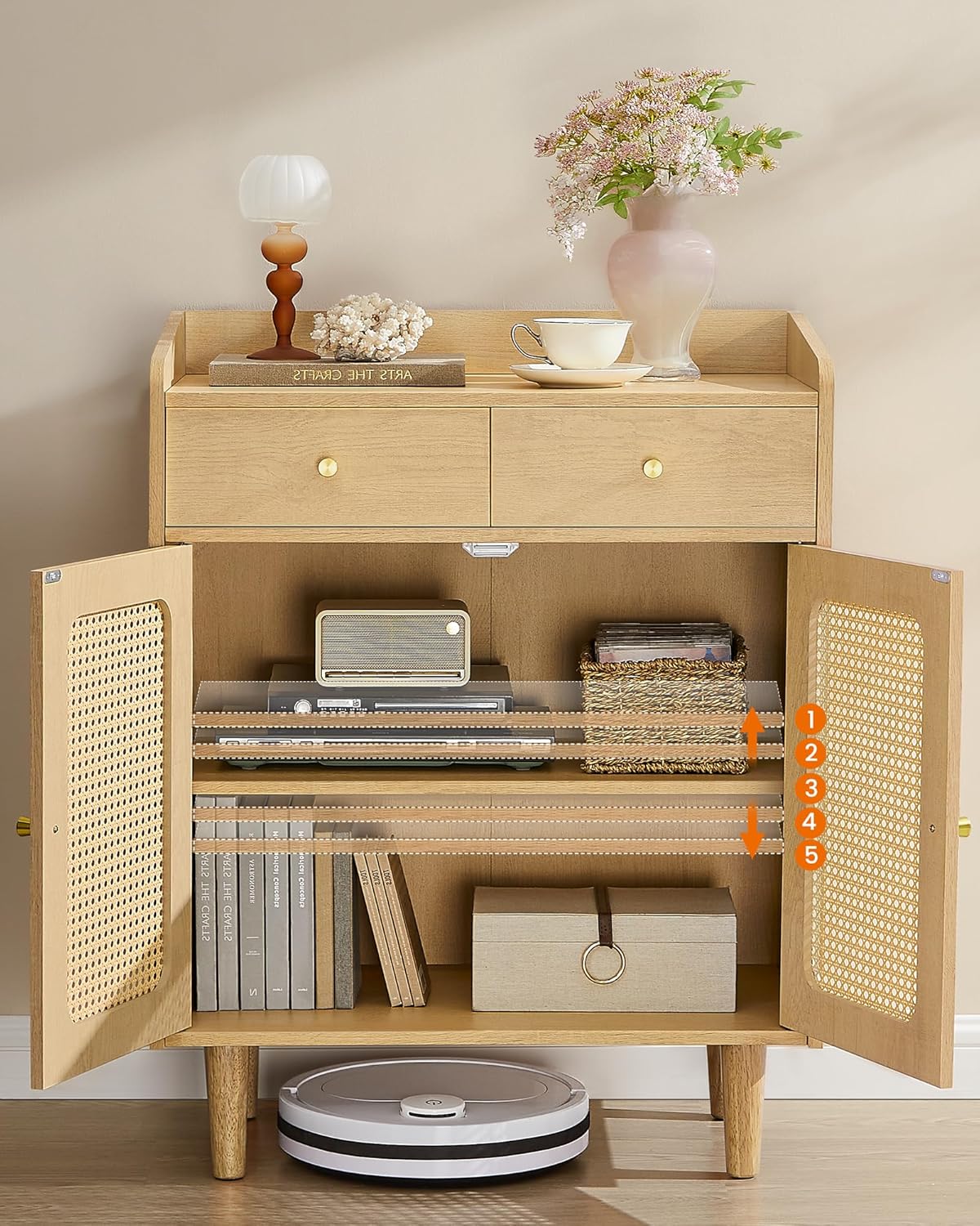 SONGMICS Dulap 70x40x90 cm, cu 2 sertare, raft reglabil si usi duble, MDF si lemn masiv, stil boho, stejar bej