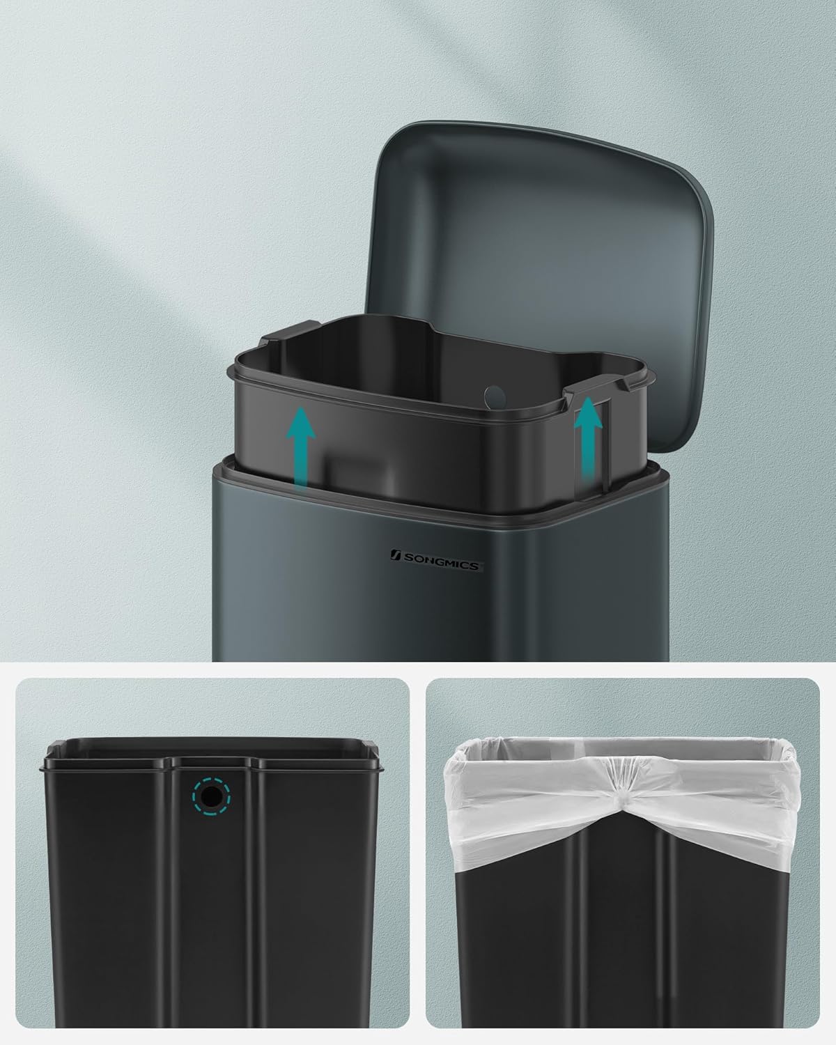 SONGMICS Cos de gunoi 34x25x61 cm, 30L, cu pedala, capac soft-close si galeata detasabila, verde-gri