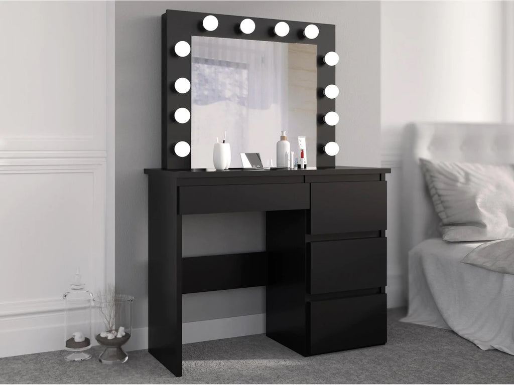 Masa de toaleta si machiaj Hollywood cu oglinda LED si 4 sertare, 94x43x140 cm, negru