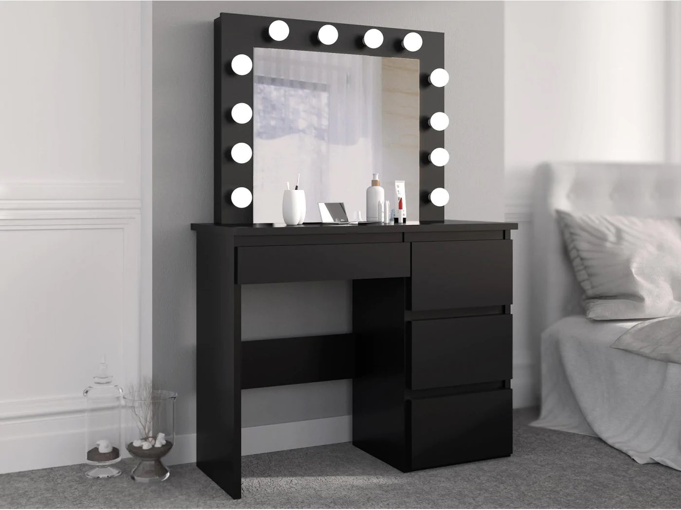 Masa de toaleta si machiaj Hollywood cu oglinda LED si 4 sertare, 94x43x140 cm, negru