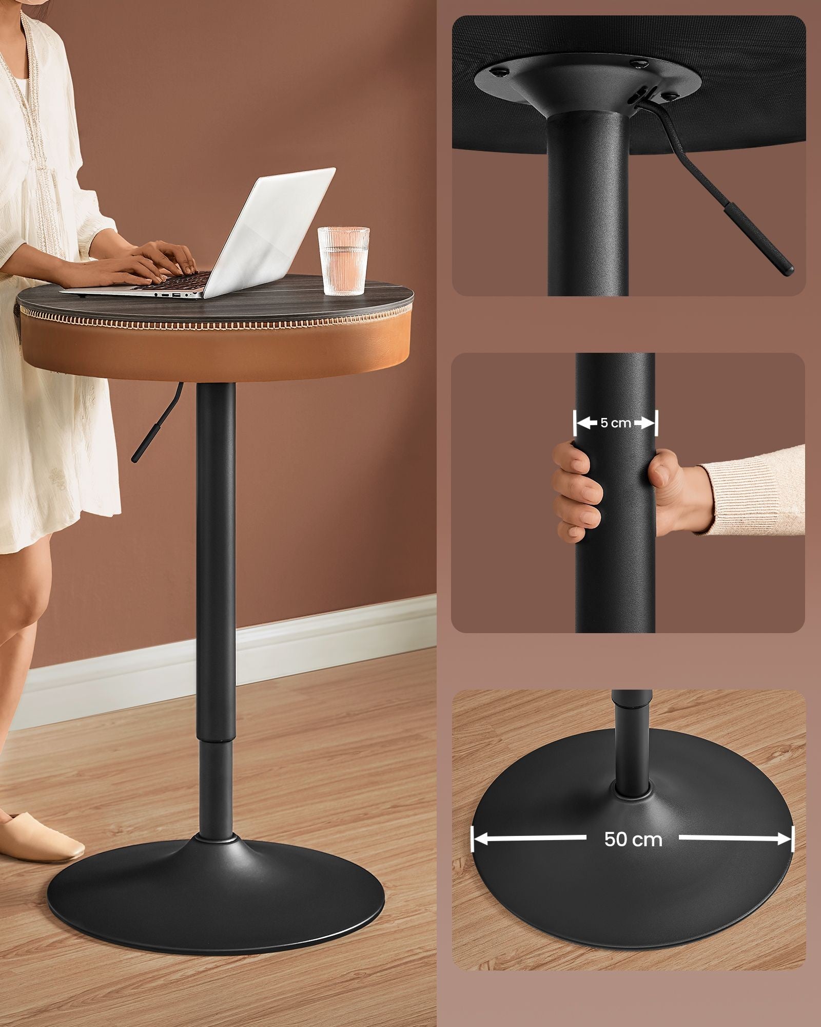 VASAGLE Masa de bar maro caramel, 59x59x(83-105) cm – inaltime reglabila, compartiment de depozitare