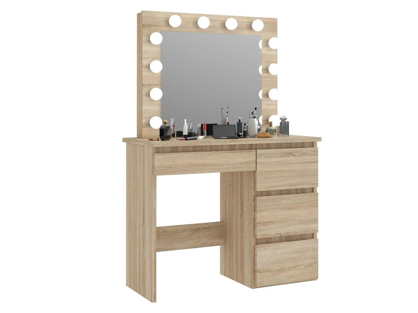 Masa de toaleta si machiaj Hollywood cu oglinda LED si 4 sertare, 94x43x140 cm, stejar