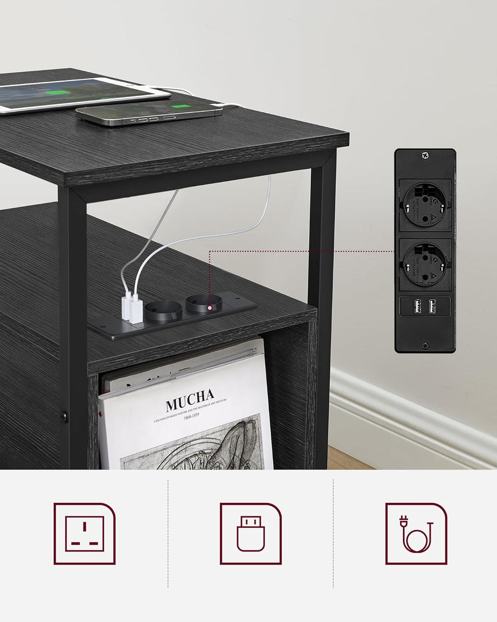 VASAGLE Noptiera 60x35x61 cm, cu 2 sertare, rafturi si priza incorporata, PAL si otel, gri antracit si negru