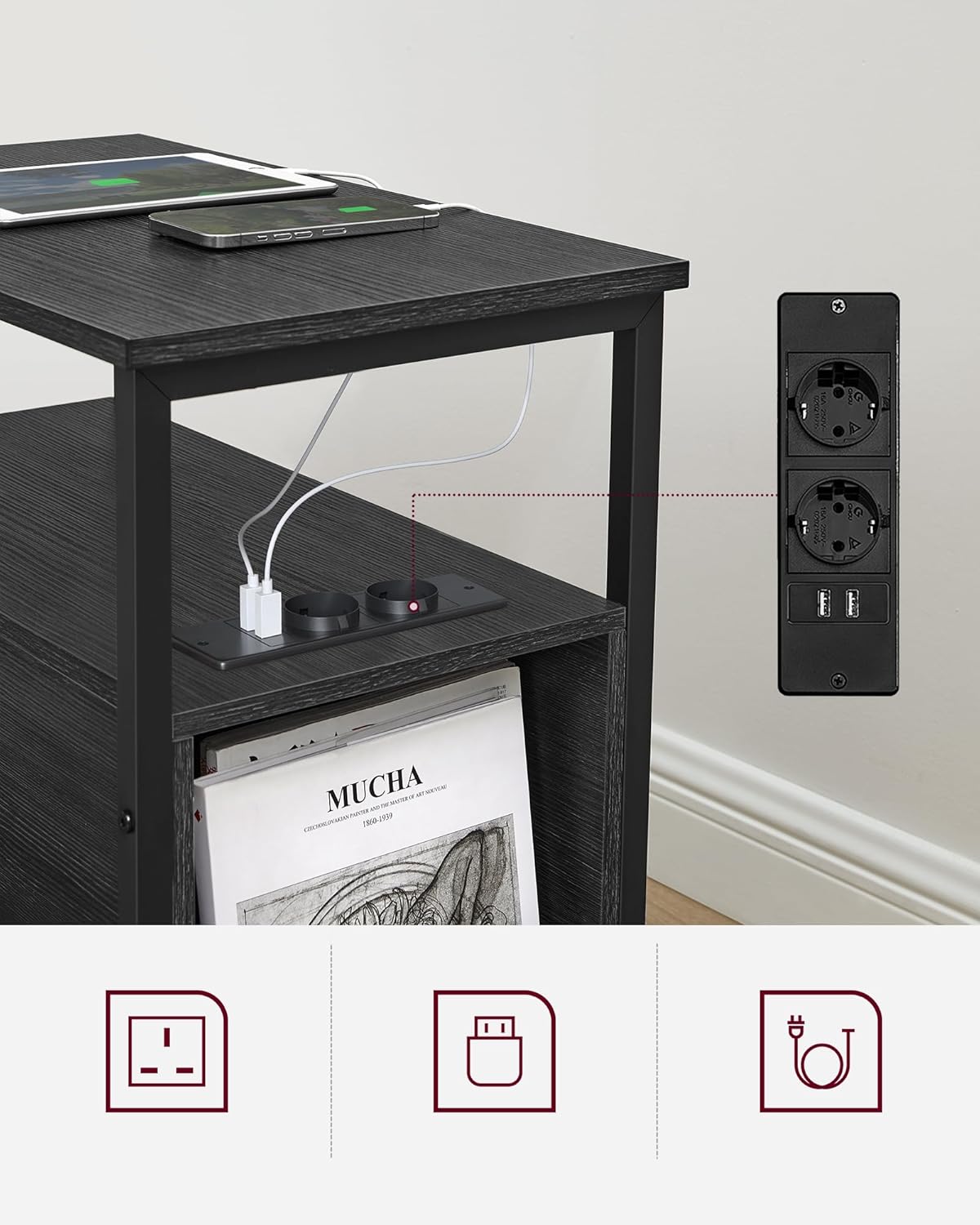 VASAGLE Noptiera 60x35x61 cm, cu 2 sertare, rafturi si priza incorporata, PAL si otel, gri antracit si negru