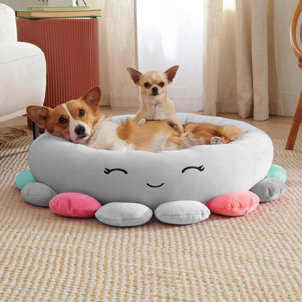 Pat pentru caini, cu margini groase ridicate, antiderapant, model meduza, 70x70x20 cm, gri