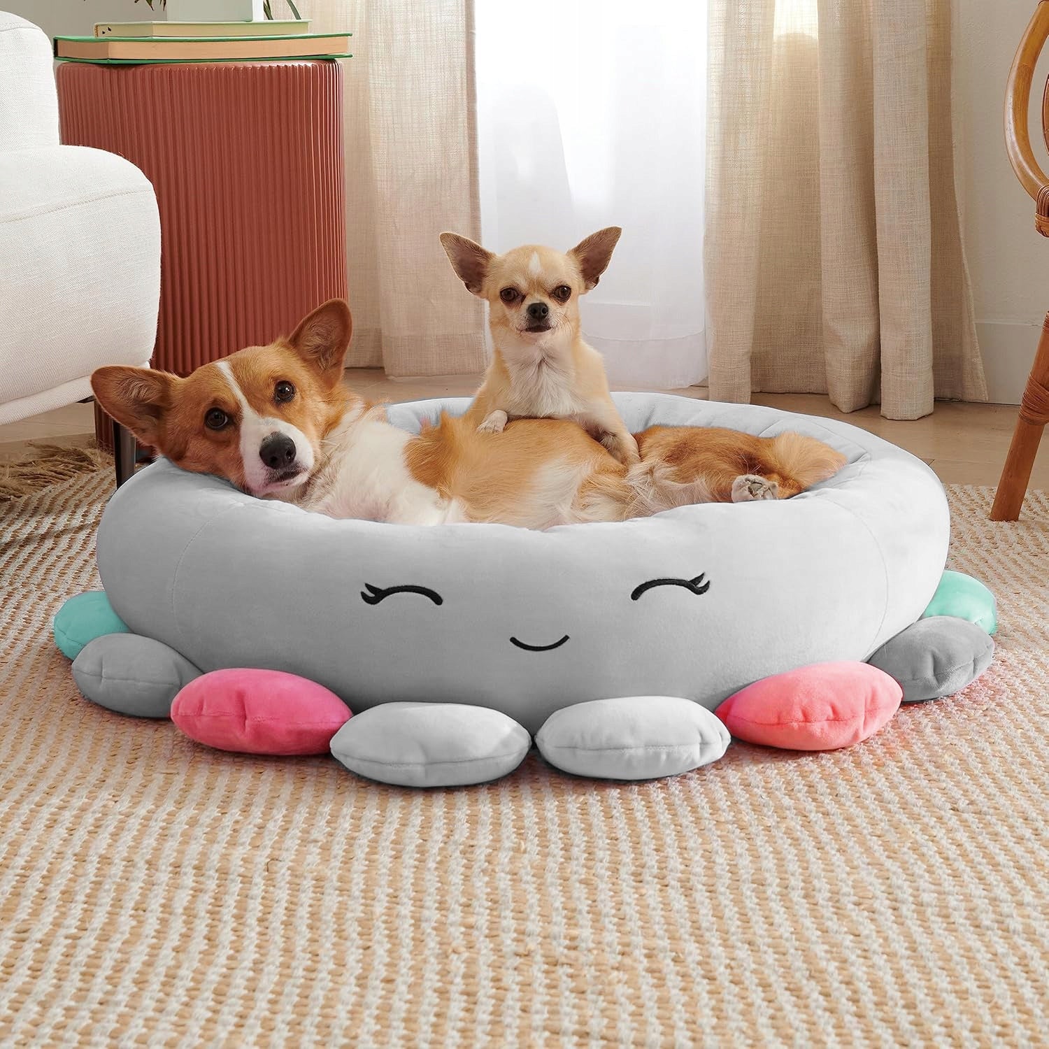 Pat pentru caini, cu margini groase ridicate, antiderapant, model meduza, 70x70x20 cm, gri