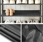 VASAGLE Suport pantofi 75x30x91 cm, 5 niveluri, rafturi textile si blat PAL, cadru metalic, maro rustic si negru