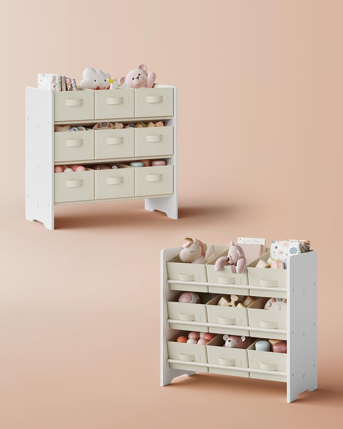 SONGMICS Raft jucarii si carti 63x30x60 cm, cu 9 cutii textile detasabile, MDF, alb