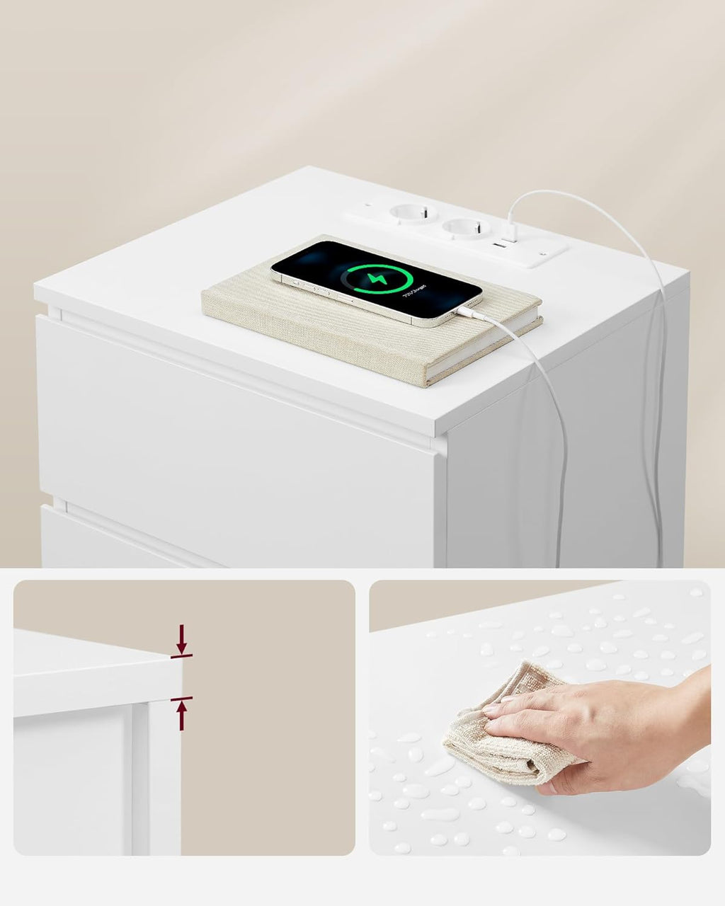 VASAGLE Noptiera cu 3 sertare, din PAL, cu 2 prize si 2 porturi USB, 40x35x59 cm, alb