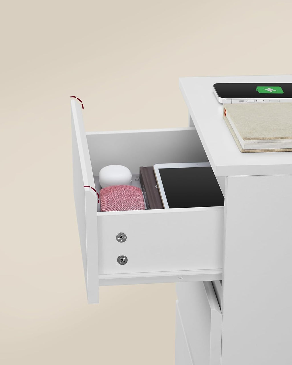 VASAGLE Noptiera cu 3 sertare, din PAL, cu 2 prize si 2 porturi USB, 40x35x59 cm, alb