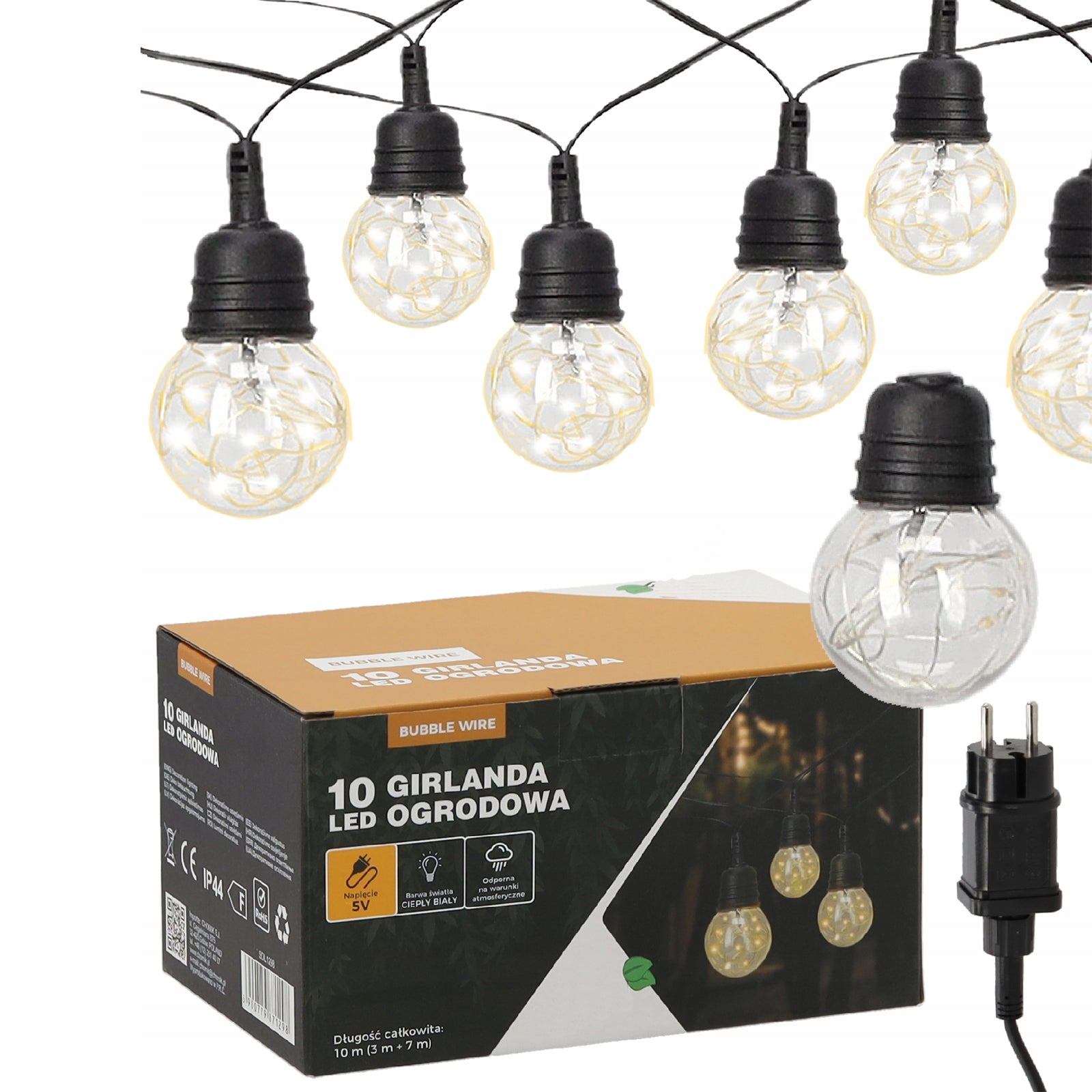 Ghirlanda luminoasa decorativa pentru exterior, alimentare la priza, 10 metri, 10 becuri LED cu iluminare calda 3000K, IP44