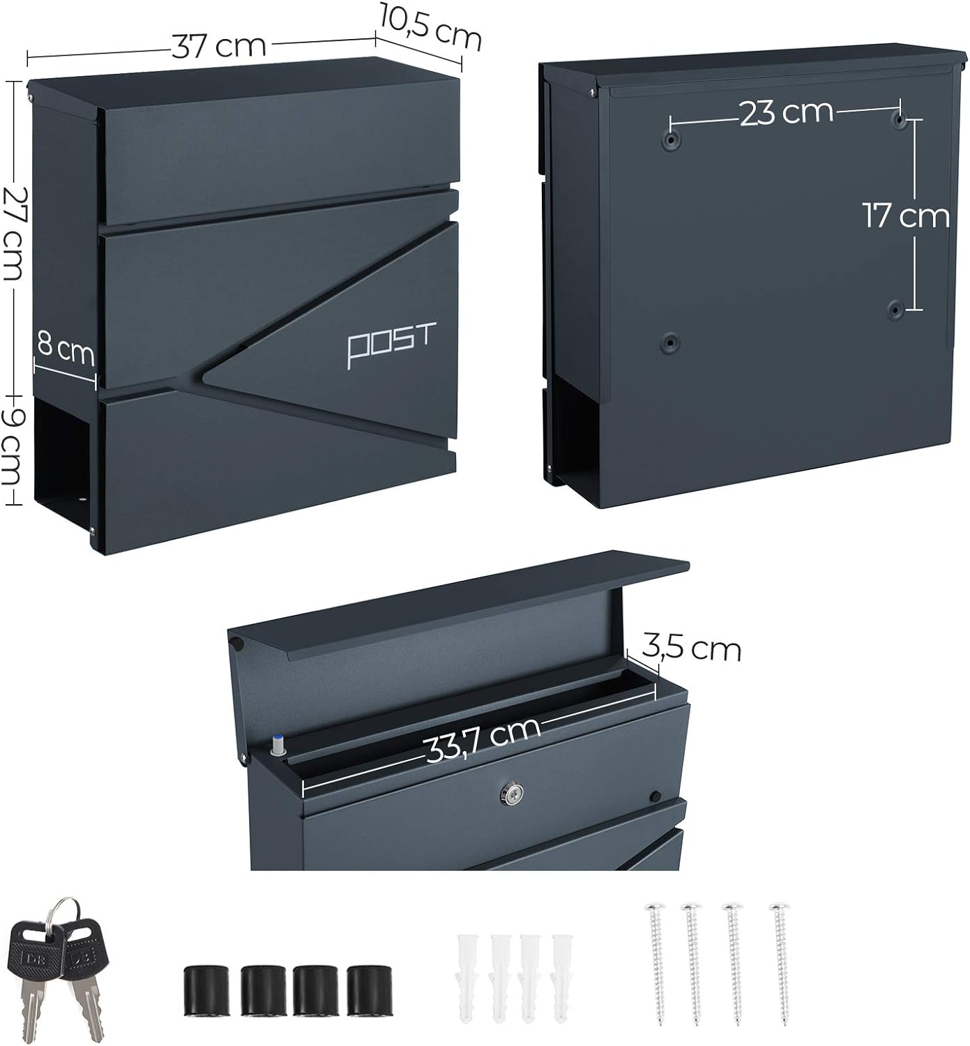 SONGMICS Cutie postala de exterior, pentru gard sau perete, din otel, cu incuietoare, 37x11x37cm, gri antracit