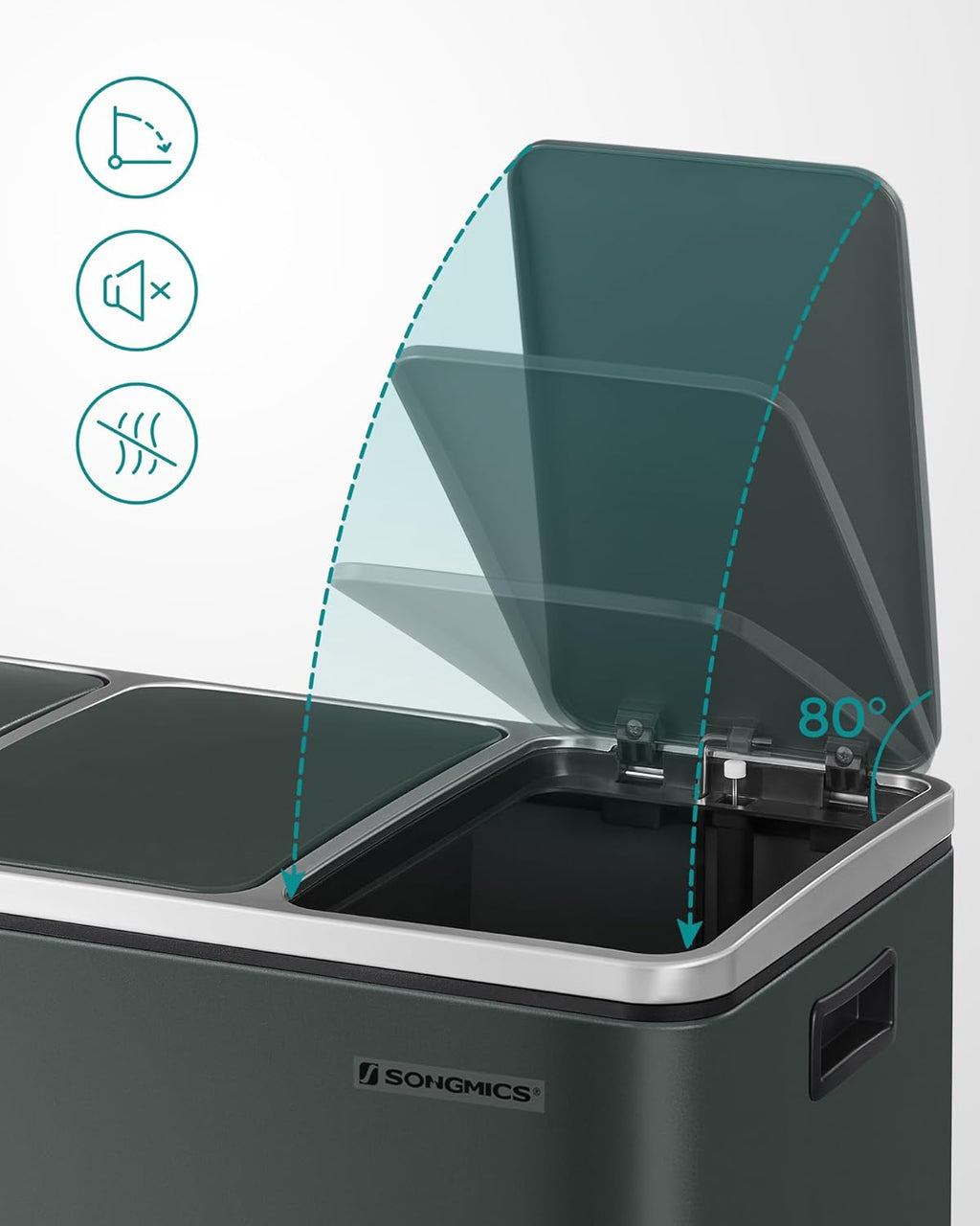 SONGMICS Cos de gunoi din inox cu 3 compartimente colectare selectiva, cu galeti interioare, 3x18litri, gri inchis