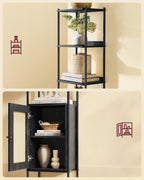 VASAGLE Biblioteca cu 6 etaje, cadru metalic, usa cu efect ratan Boho, 30x40x175 cm, negru