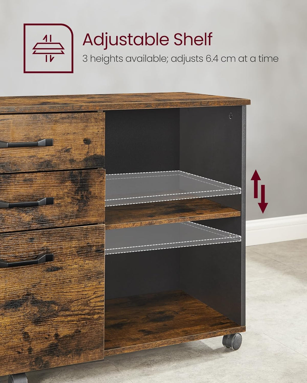 VASAGLE Dulap mobil tip rollbox pentru birouri, sertar cu sina suport dosare, stil industrial, 40x80x66 cm, maro rustic