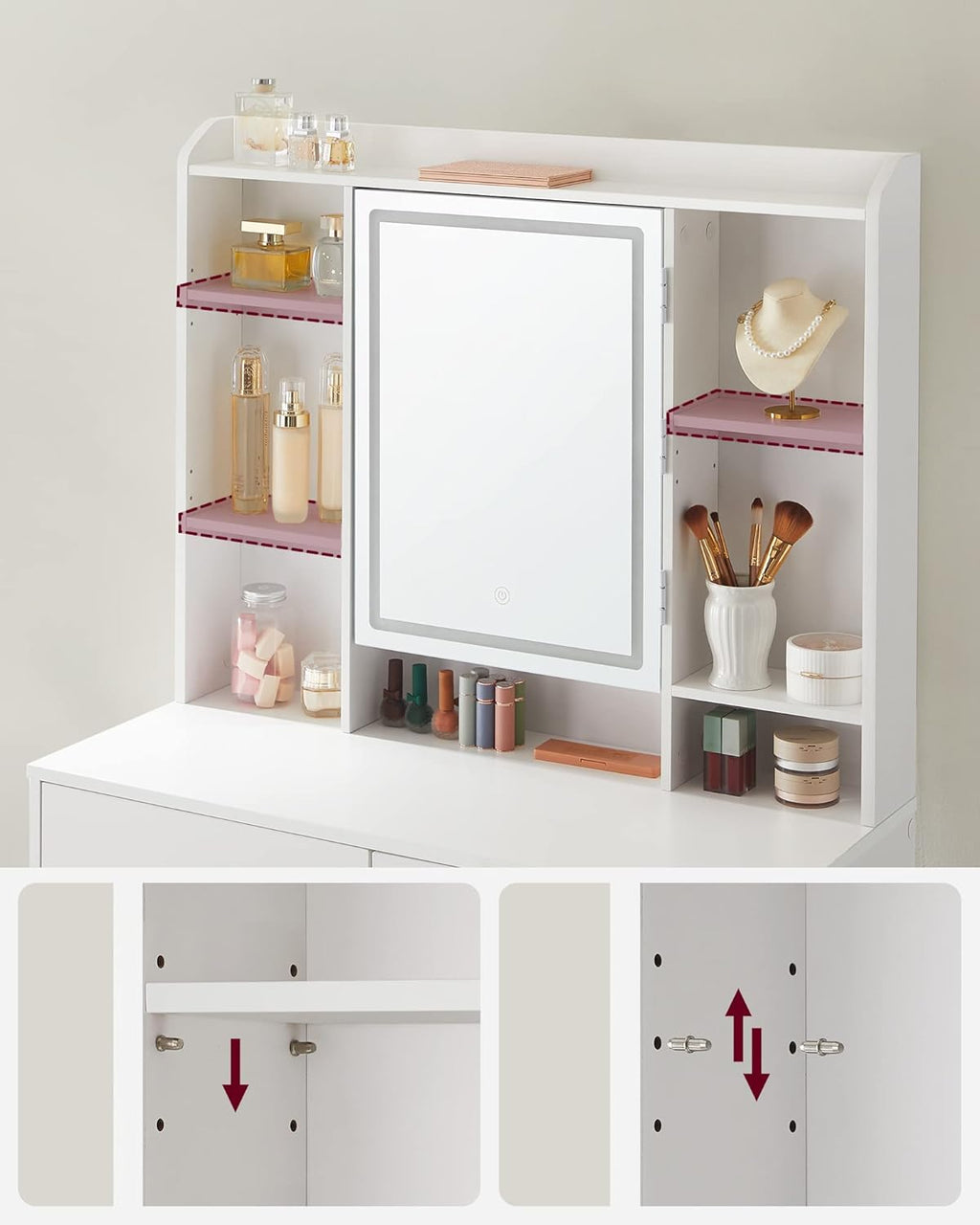 VASAGLE Masa de toaleta cu oglinda, iluminare LED reglabila, 2 sertare, 90x40x145cm, alb