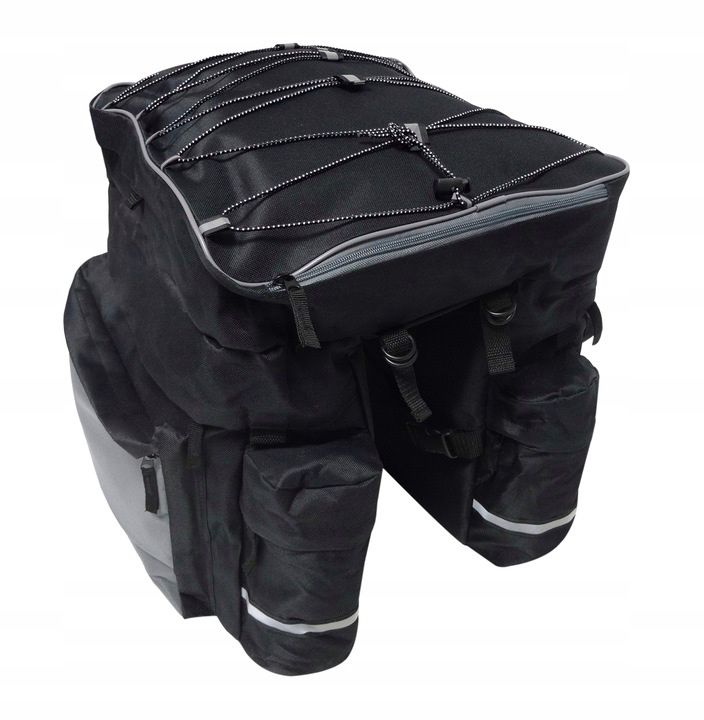 Geanta portbagaj bicicleta dubla, 8 buzunare laterale, 39x34x43cm, negru cu elemente reflectorizante gri, protectie impermeabila