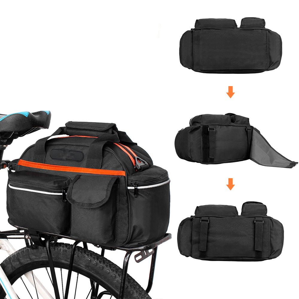 Geanta portbagaj bicicleta, 3 compartimente si 5 buzunare laterale, 45x20x22cm, negru cu elemente reflectorizante portocalii