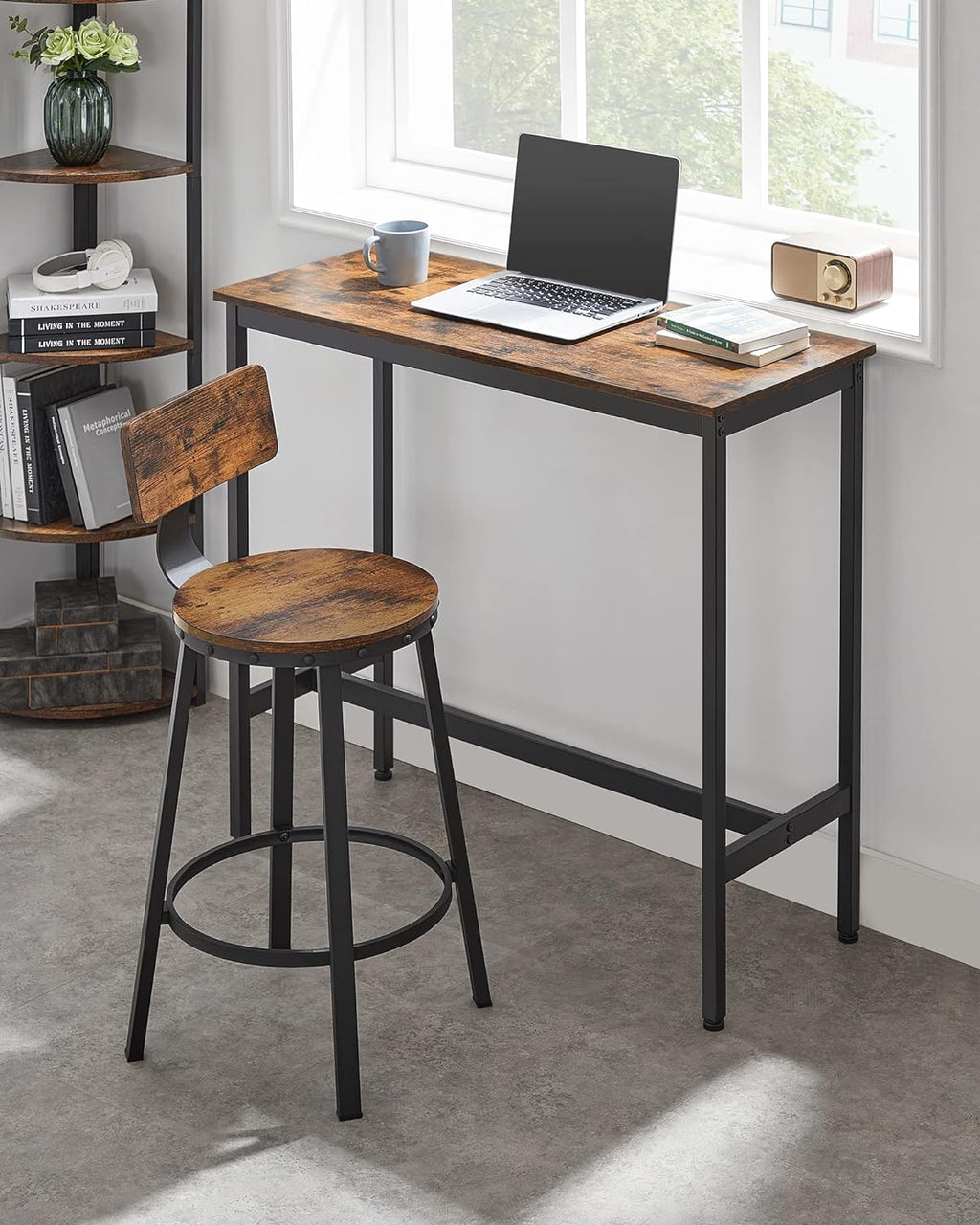 VASAGLE Set de 2 scaune de bar inalte cu spatar, cadru din otel, industrial, 51x89cm, maro rustic