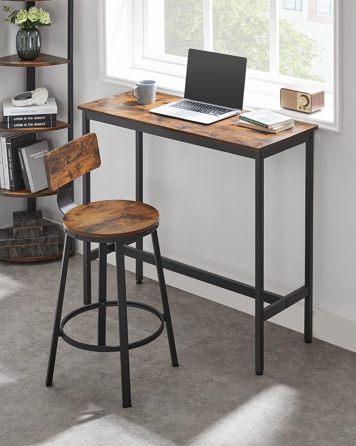 VASAGLE Set de 2 scaune de bar inalte cu spatar, cadru din otel, industrial, 51x89cm, maro rustic