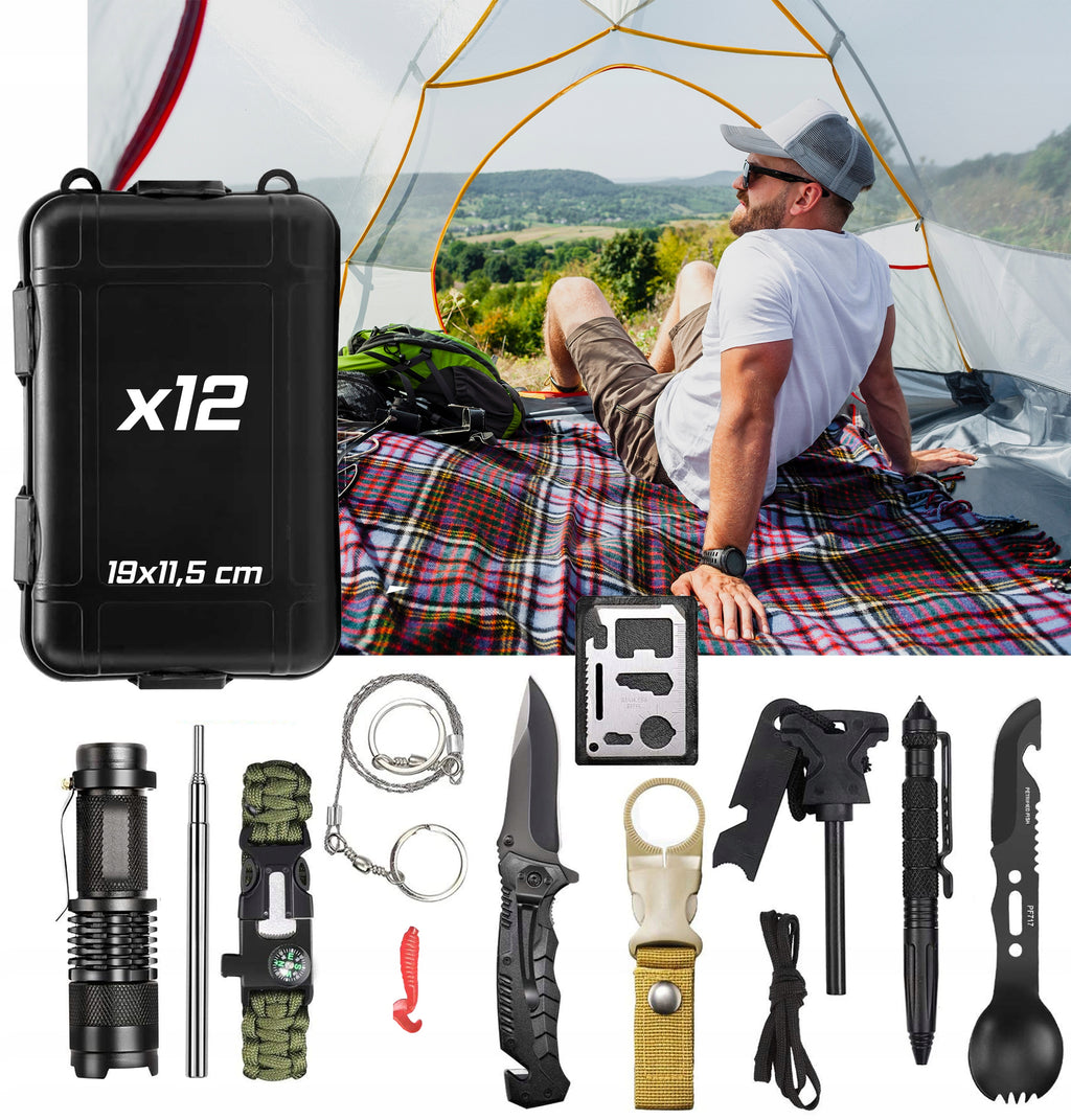 Kit de supravietuire turistic multifunctional camping, vanatoare, pescuit, 12 piese