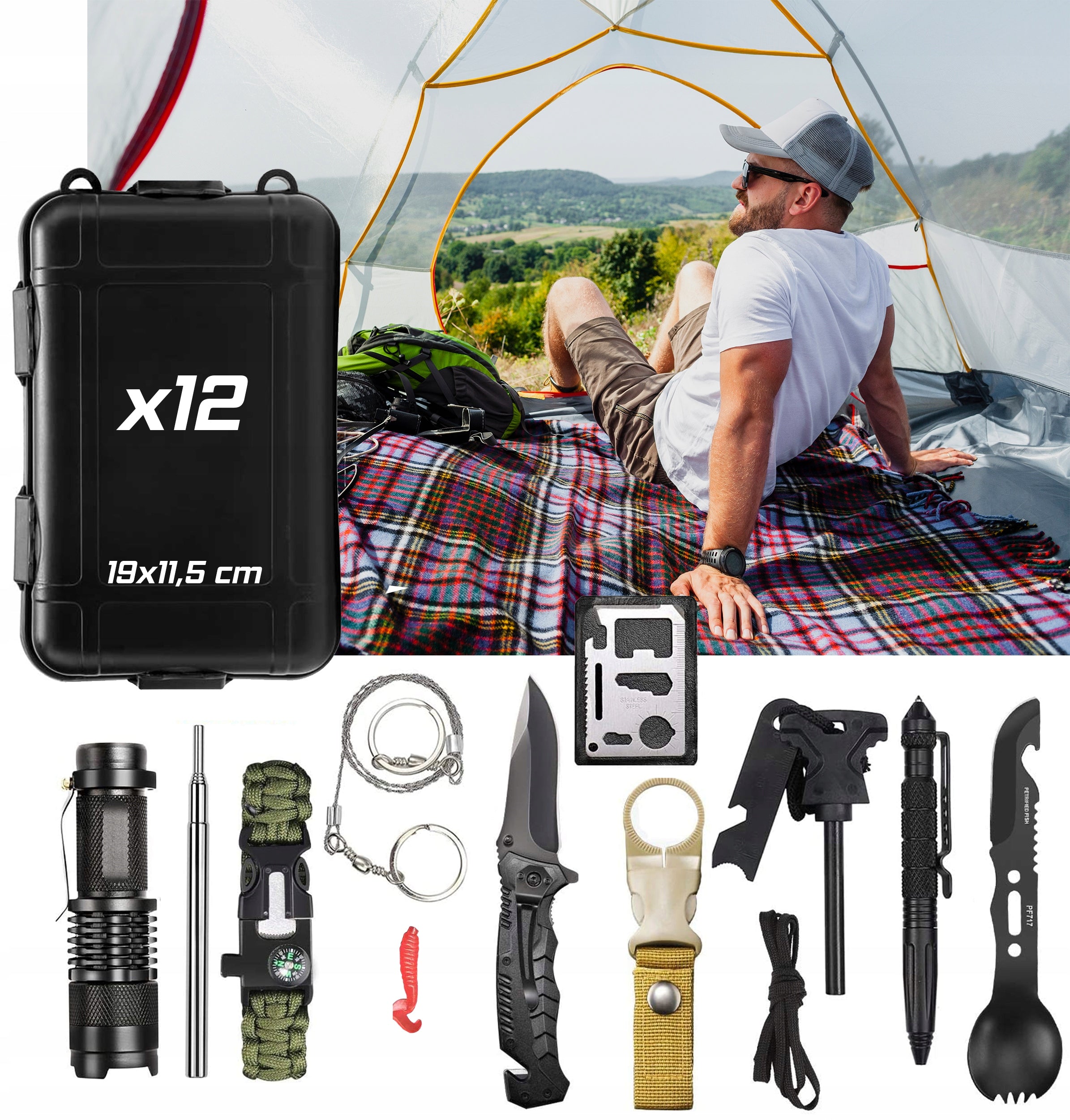 Kit de supravietuire turistic multifunctional camping, vanatoare, pescuit, 12 piese