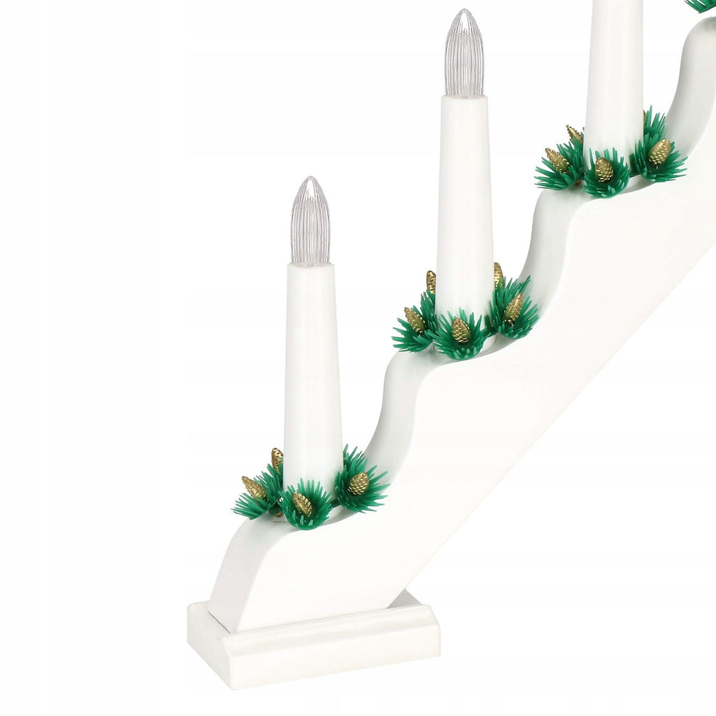 Lumanari decorative de Craciun, stand de lemn, 7 becuri tip LED, culoare alba