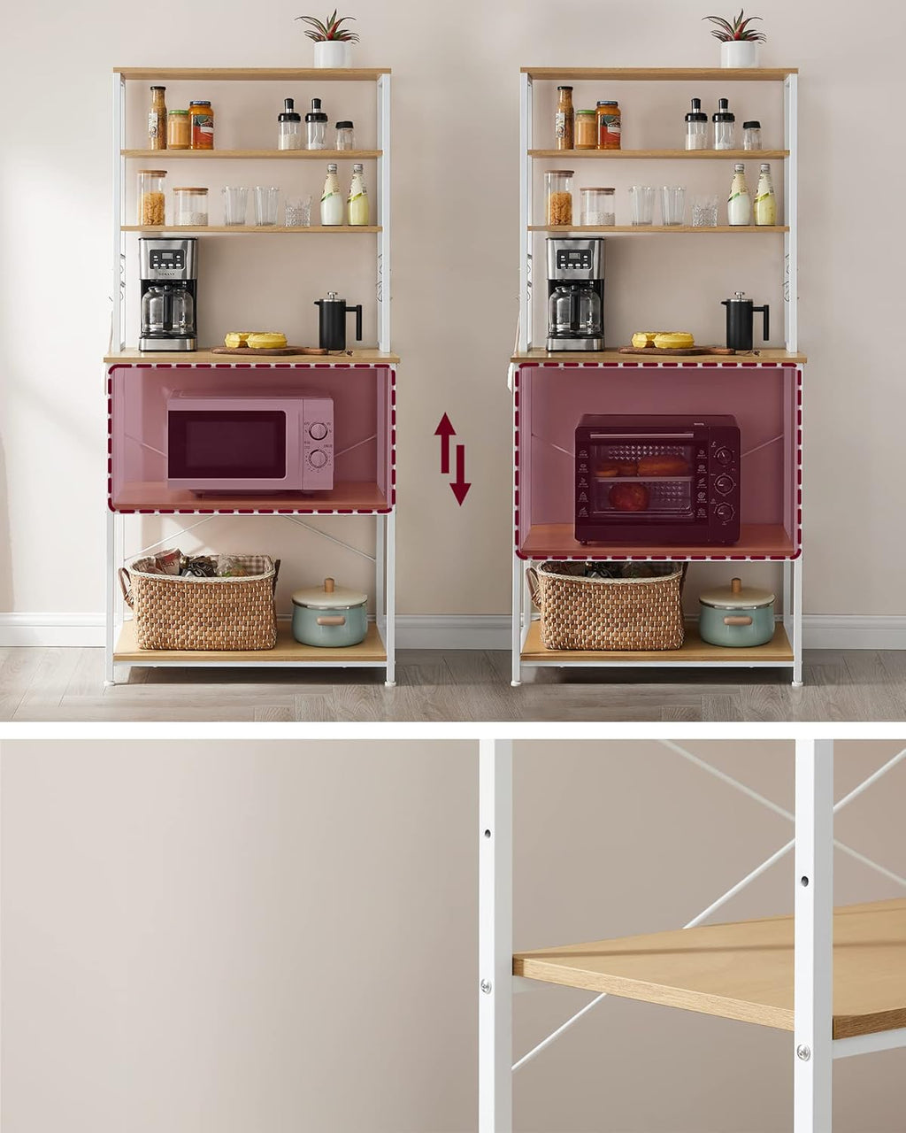 VASAGLE Raft de bucatarie cu spatiu pentru cuptorul cu microunde, 6 rafturi, otel, industrial, 40x80x167cm, maro stejar si alb