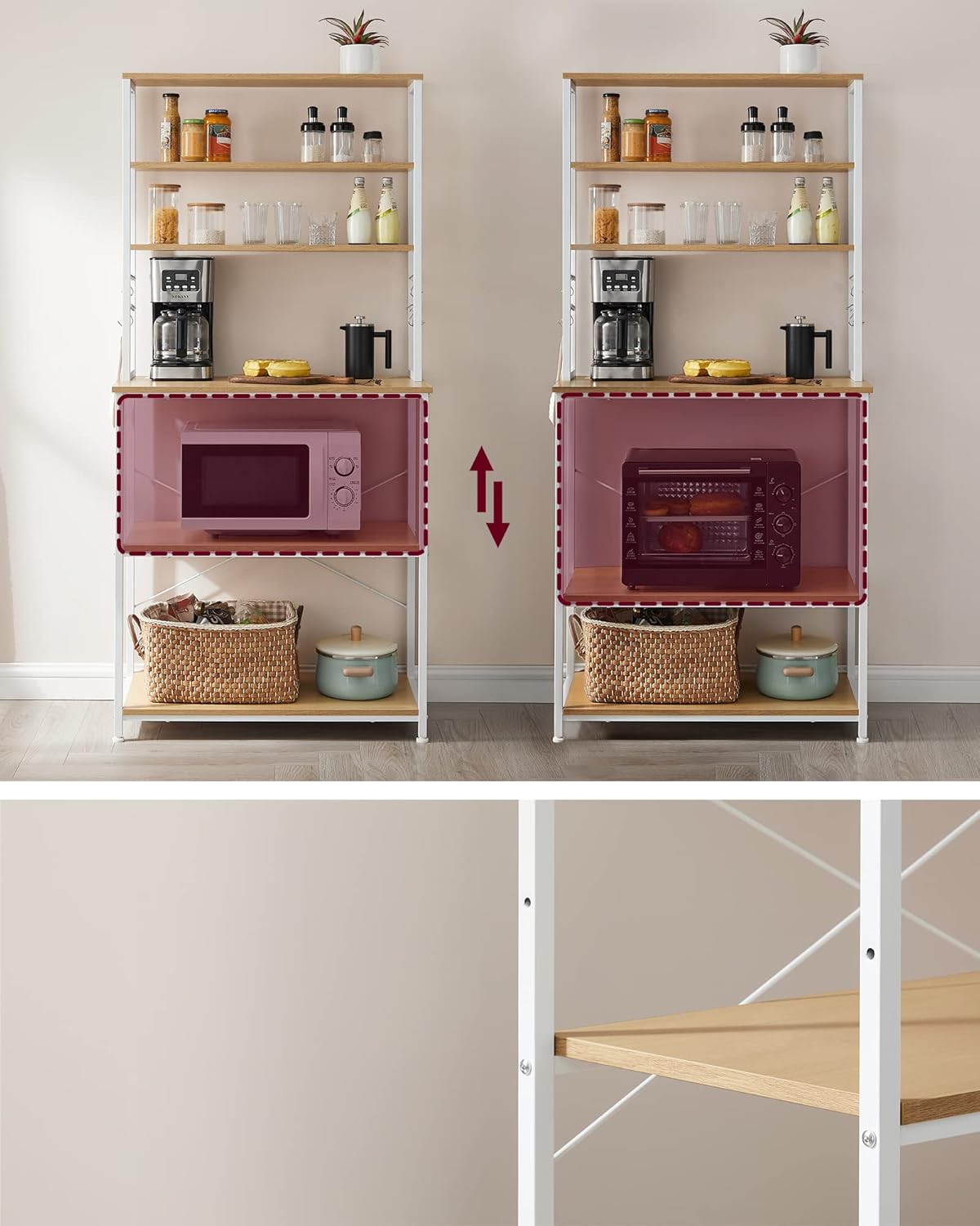 VASAGLE Raft de bucatarie cu spatiu pentru cuptorul cu microunde, 6 rafturi, otel, industrial, 40x80x167cm, maro stejar si alb