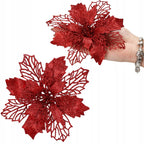 Set 10 ornamente pentru bradul de Craciun, stea Poinsettia, 16cm, visiniu