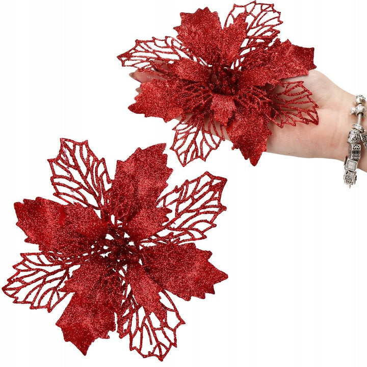 Set 10 ornamente pentru bradul de Craciun, stea Poinsettia, 16cm, visiniu