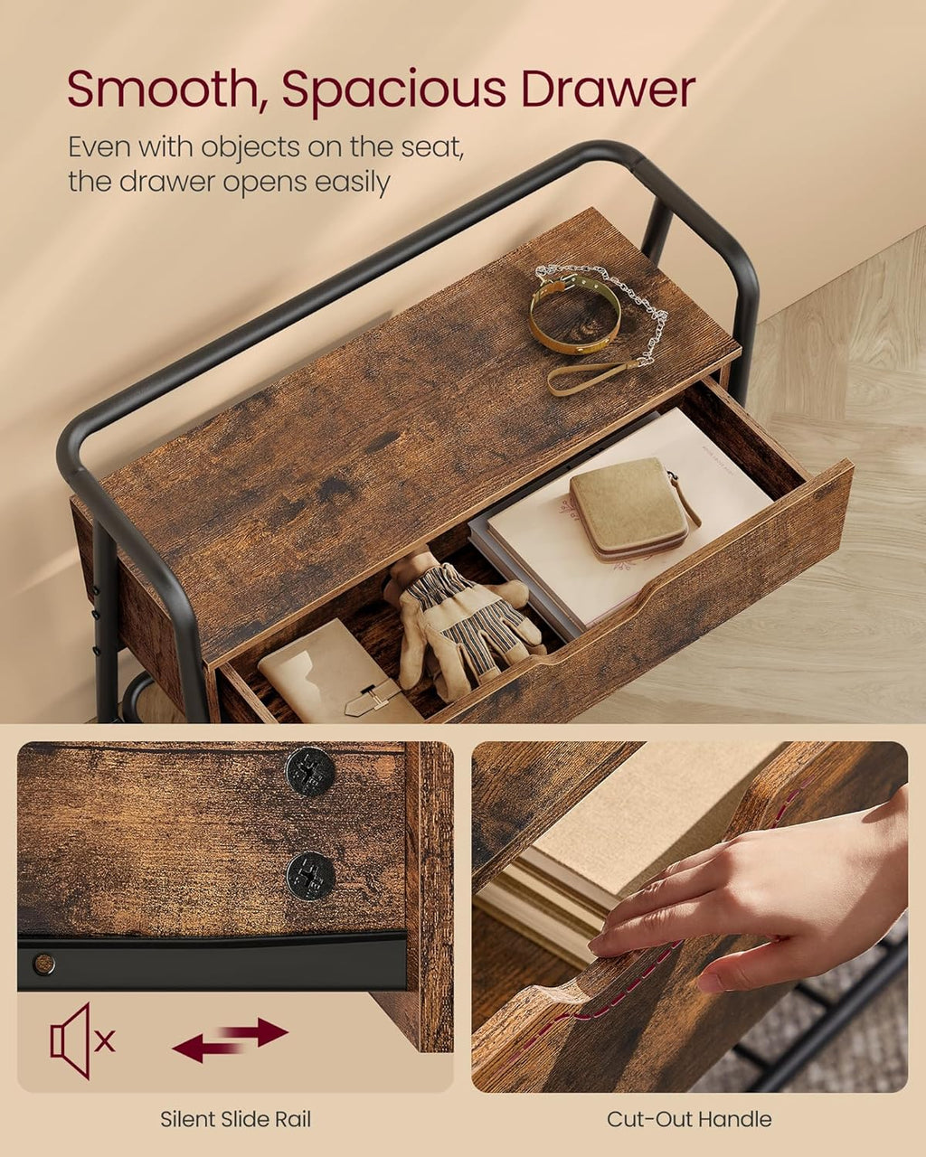 VASAGLE Pantofar cu banca de depozitare, raft si sertar, stil industrial, 30x80x64 cm, maro rustic