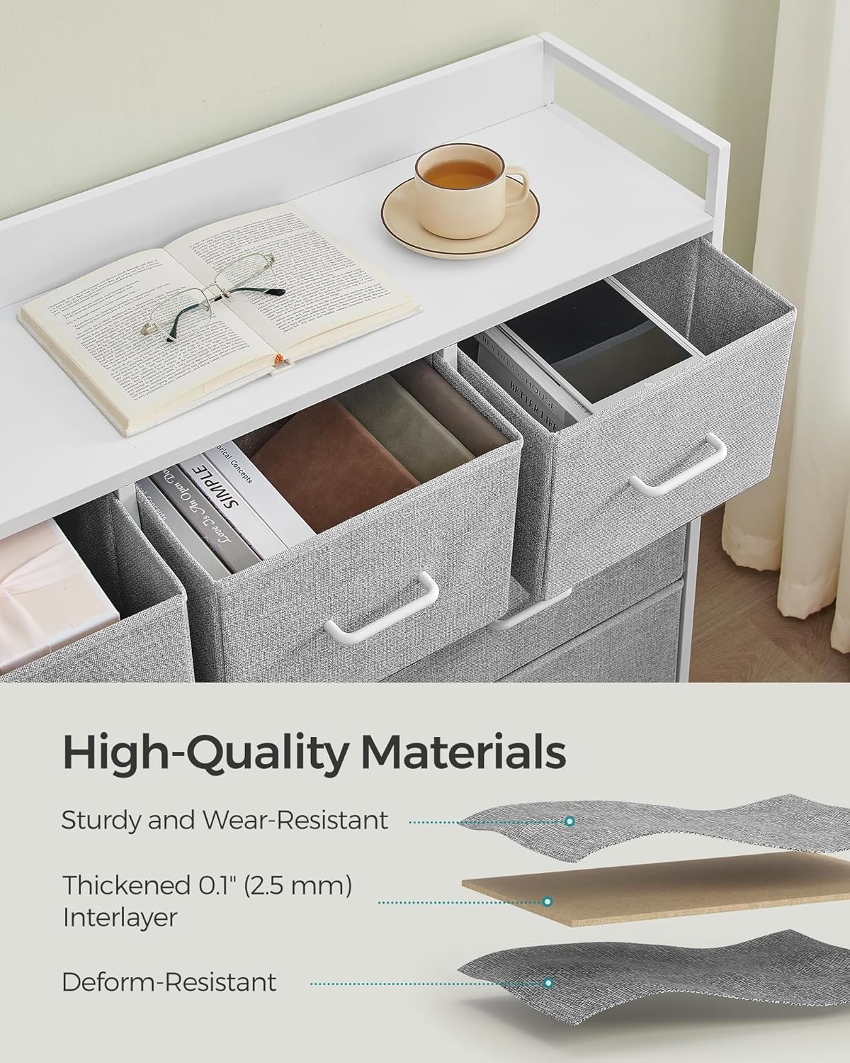 SONGMICS Comoda cu cadru metalic si 7 sertare din stofa, 29x98x85 cm , gri si alb