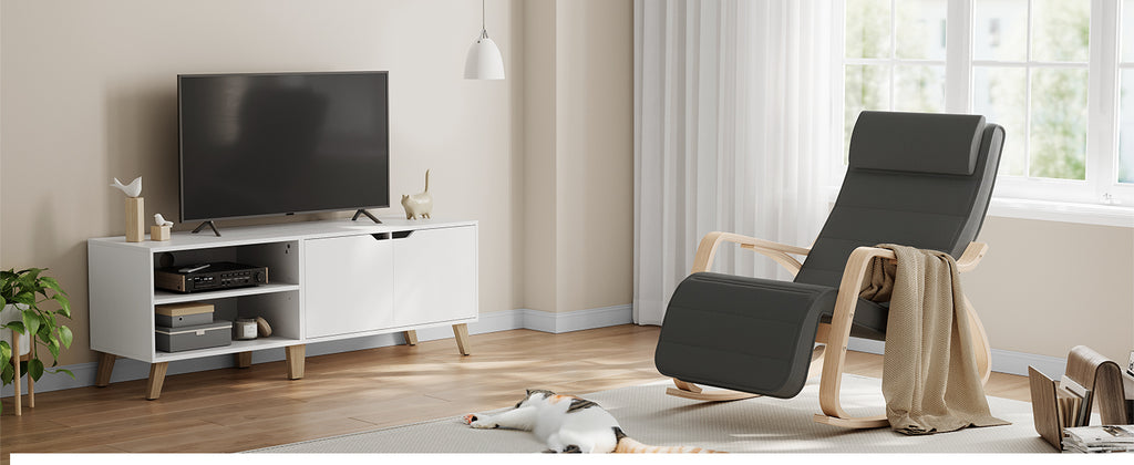 SONGMICS Scaun balansoar din lemn, suport picioare reglabil, maxim 150kg, 67x122x84 cm, gri inchis