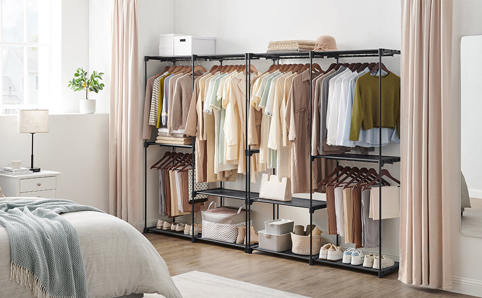 SONGMICS Dulap de haine portabil, cu 3 bare de agatat si rafturi, 138x43x182 cm, negru