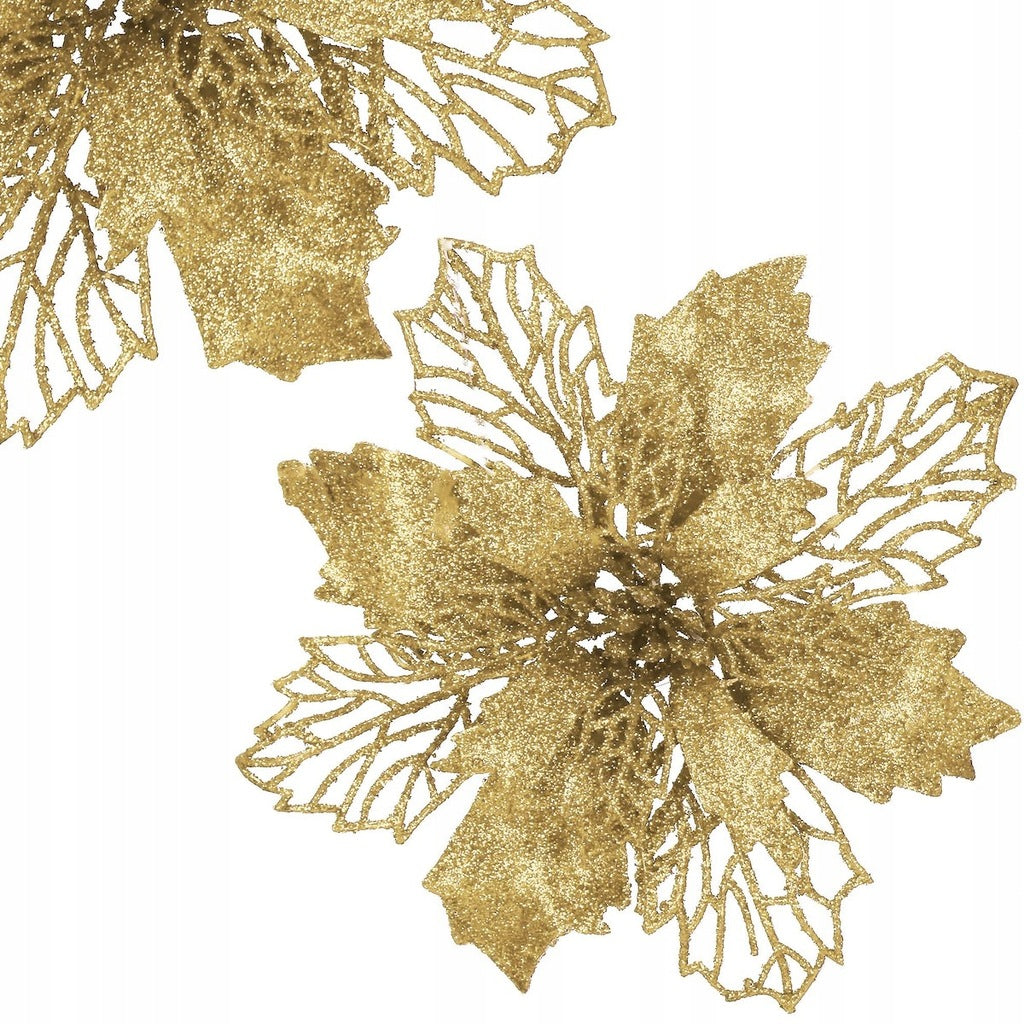 Set 10 ornamente pentru bradul de Craciun, stea Poinsettia, 16cm, galben auriu