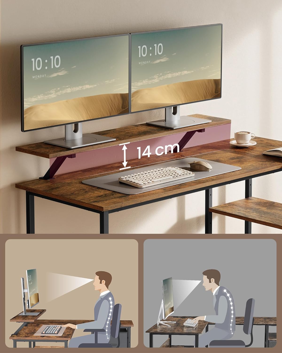 VASAGLE Birou in forma de L, suport monitor, 2 rafturi si 2 sertare, 105x135x76 cm, maro rustic