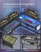 VASAGLE Birou in forma de L, suport monitor, raft si 2 sertare, 4 prize si 2 USB, 120x150x76 cm, negru